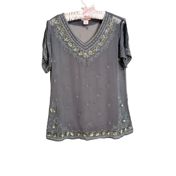 Sundance beaded tunic sheer gray short split sleeves beaded neck cuffs hem Sz S - Picture 1 of 11